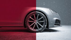 Auto in zwei Hälften dargestellt: linke Seite mit rotem Farbton, rechte Seite in verschneiter Umgebung, zeigt ein Rad mit Winterreifen