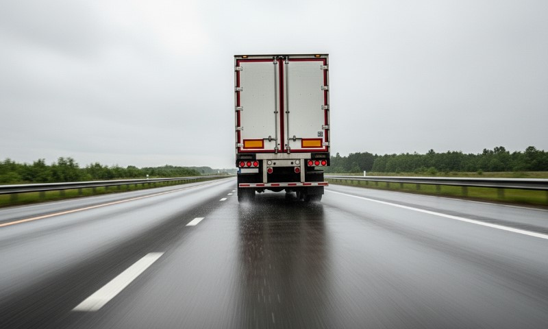 Ein Lastwagen fährt über eine nasse Straße