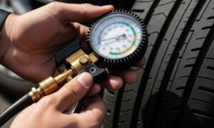 Eine Person hält ein Manometer, um den Druck eines Reifens zu überprüfen