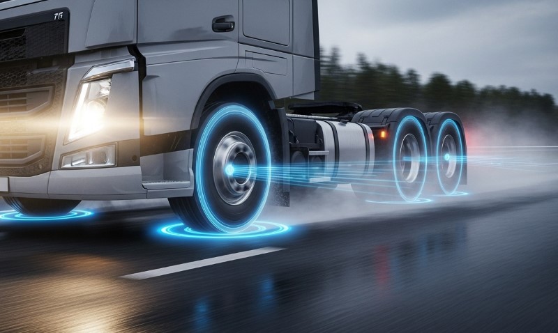 Ein Truck mit leuchtend blauen Rädern fährt auf der Straße