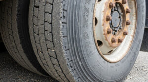 Nahaufnahme eines Lkw-Reifens mit plattgefahrenem Reifen