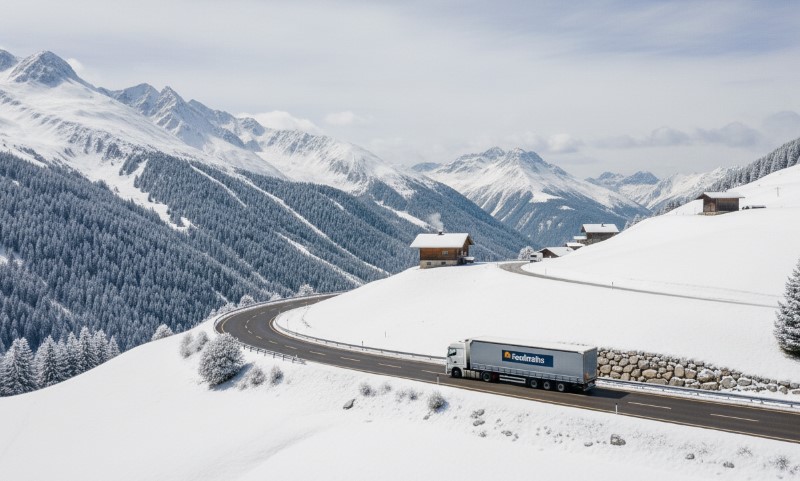 Ein Lastwagen fährt eine verschneite Bergstraße entlang