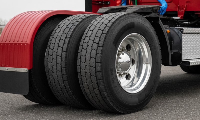 Die Hinterreifen eines großen LKW mit großem Rad
