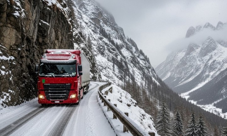 Ein roter Truck fährt eine Bergstraße entlang