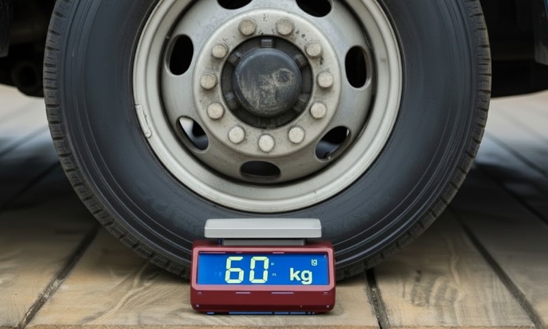 Eine digitale Waage liegt auf dem Boden neben einem Lastwagenreifen