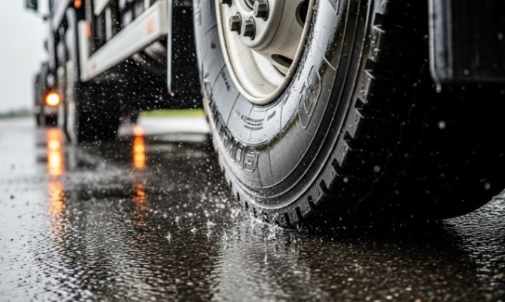 Nahaufnahme eines Lkw-Reifens auf einer nassen Straße, die Wasserpfützen reflektiert