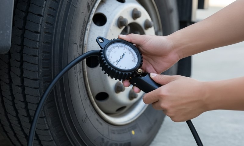 Messung des Reifendrucks mit einem analogen Manometer am Reifen eines Nutzfahrzeugs