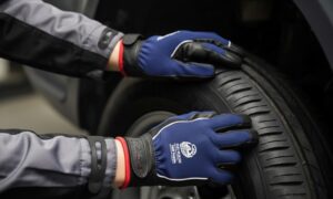 Eine Person mit blauen Handschuhen wechselt einen Reifen