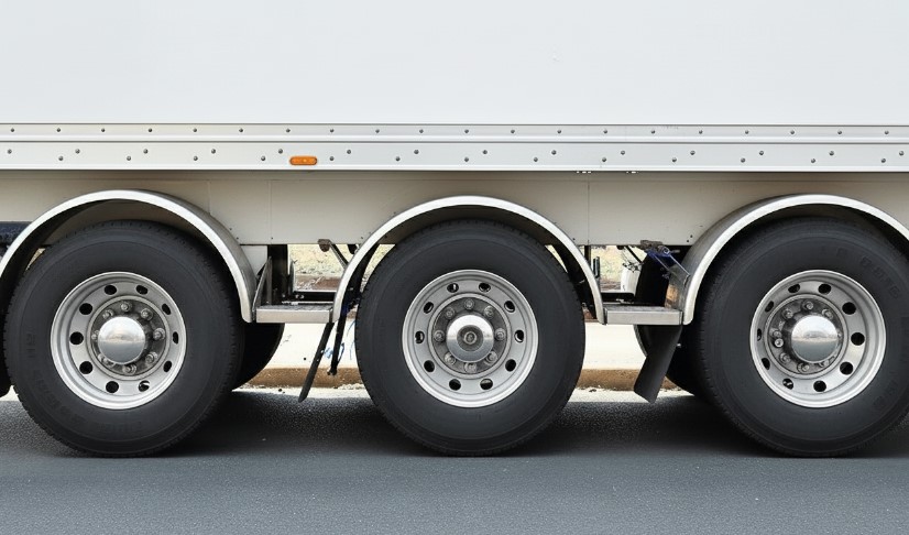 Nahaufnahme der Räder eines Sattelschleppers, die die robuste Konstruktion und das Profil der Reifen zeigen