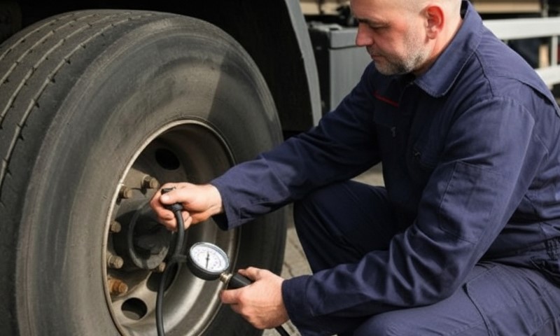 Ein Mann überprüft den Reifendruck eines Lastwagens