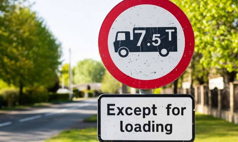 Verkehrszeichen, das Lkw über 7,5 Tonnen verbietet, mit Ausnahme von Ladeverkehr